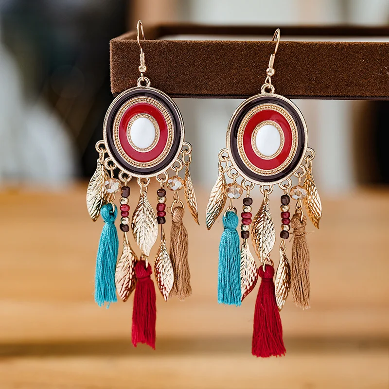 Bohemian Silk Tassels Statement Earrings For Women Leaf Geometric Handmade Beads Drop Dangle Earring Girls Ethnic Jewelry