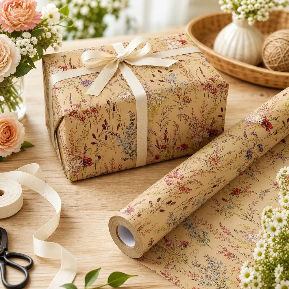 5m/Roll Floral Gift Wrap Vintage Botanical Print Wildflower Wrapping Paper Rustic Style Decorative Wrapping Paper Roll