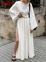 OOTN Elegant Crape Cotton Skirts Sets Two Pieces Women Oversize Tees And A-Line Split Skirts Office Ladies Two Pieces Suits 2024