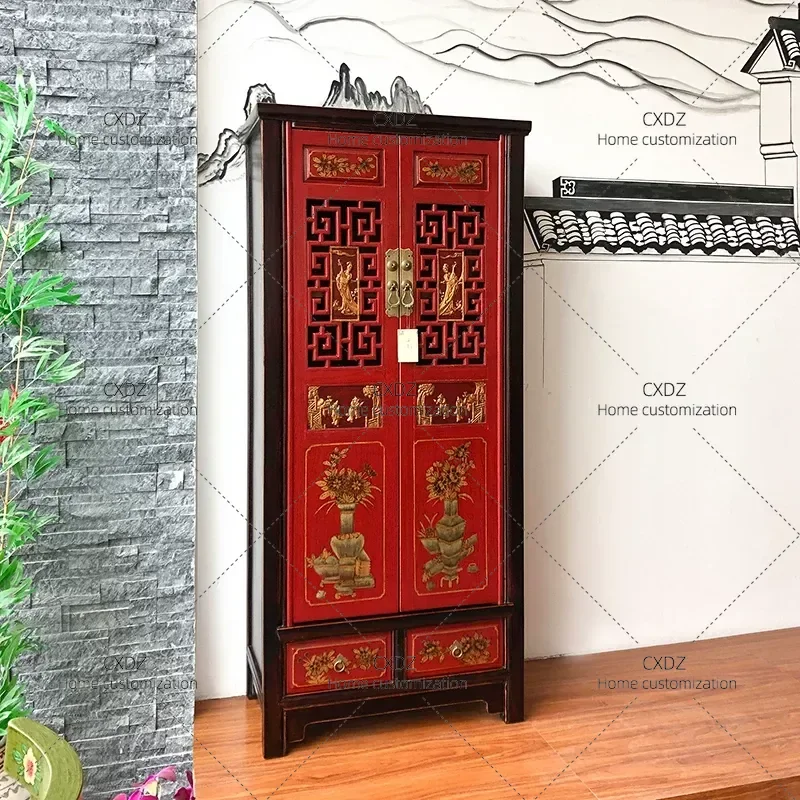 Ming Qing Style Solid Wood Carved Floral Two Door Storage Bookcase Chinese Retro Shoe Cabinet Hand Painted Decorative Cabinet