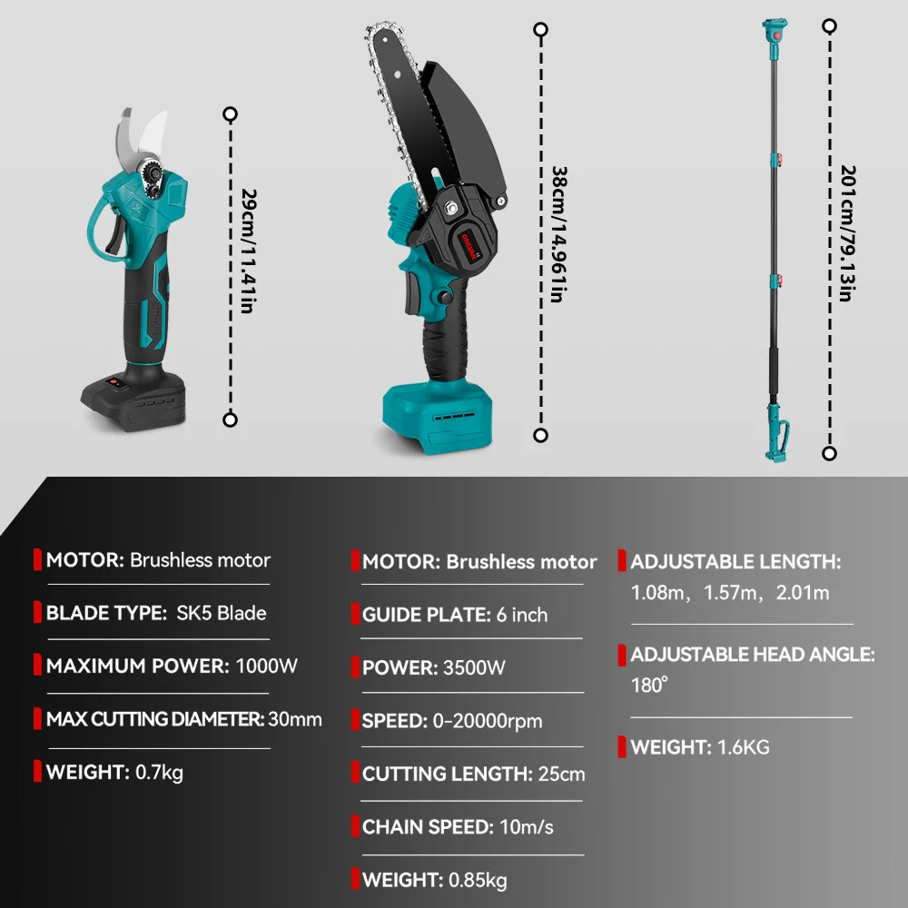 ONEVAN Brushless High Branch Pruning Shear High Branch Saw Set Garden Pruning Tool With Telescoping Pole For 18V ONEVAN Battery