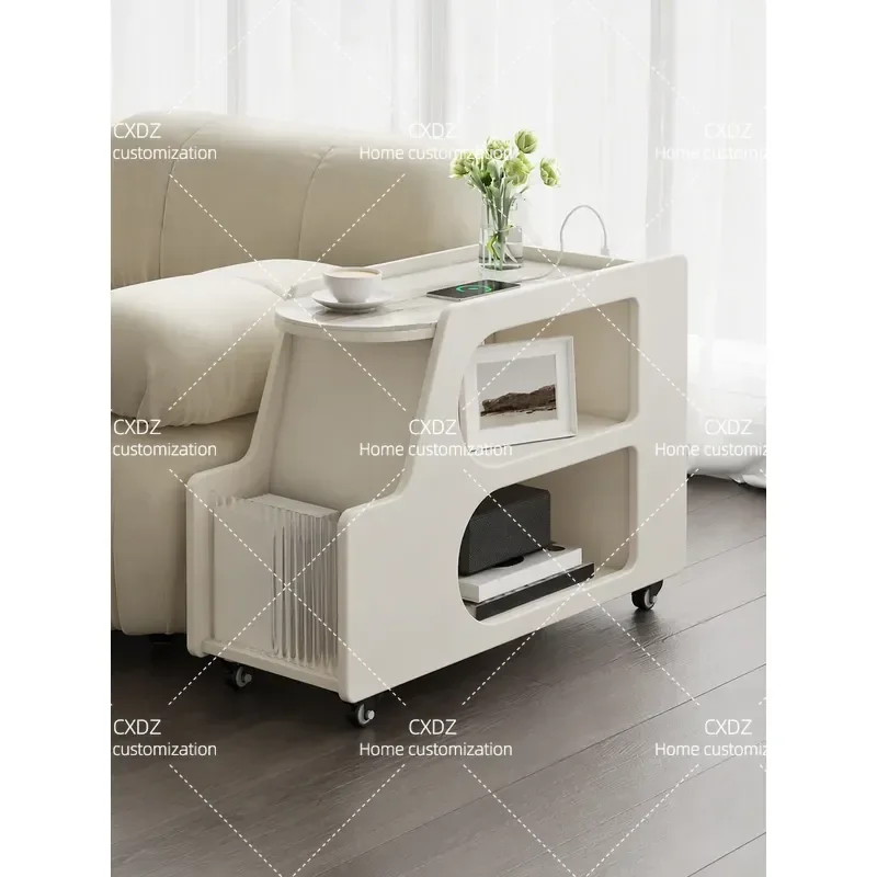Hetu French cream wind rock slab sofa side table small living room rechargeable side cabinet mobile coffee table mini tea