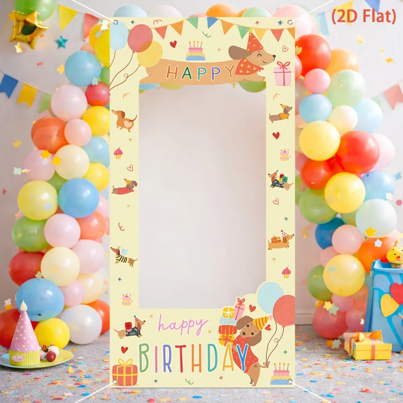 1pc, 2D flat, yellow pet birthday-themed cutout backdrop with dog, cake, and gift designs; a happy birthday photo booth prop; ws