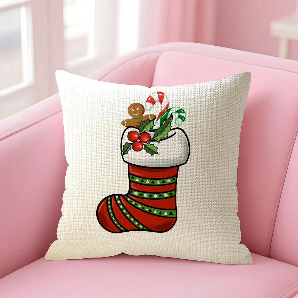 Red Socks Merry Chrismas Cushion Cover Natural Linen Organic Fabric Double-Sided Printing Breathable Perfect for Home Decor