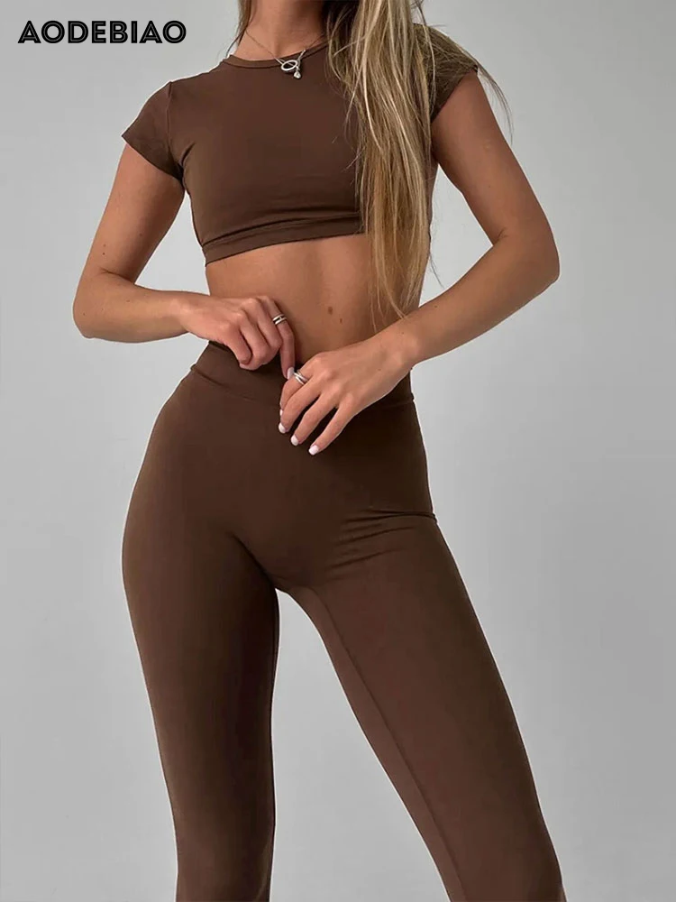 AODEBIAO الرياضة اللياقة البدنية 2 قطعة مجموعة المرأة الصيف مثير عارية الذراعين تي شيرت سليم بنطلون قصيرة الأكمام تيز المحاصيل السراويل اليوغا مجموعة #2