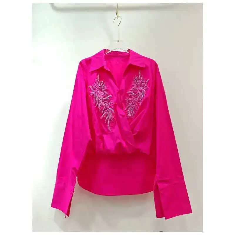 

Heavy Sequin Irregular Personalized Moda Crop Top Ruched Loose Spice Girls Mujer Pullover Turn-Down Collar Minority Shirt