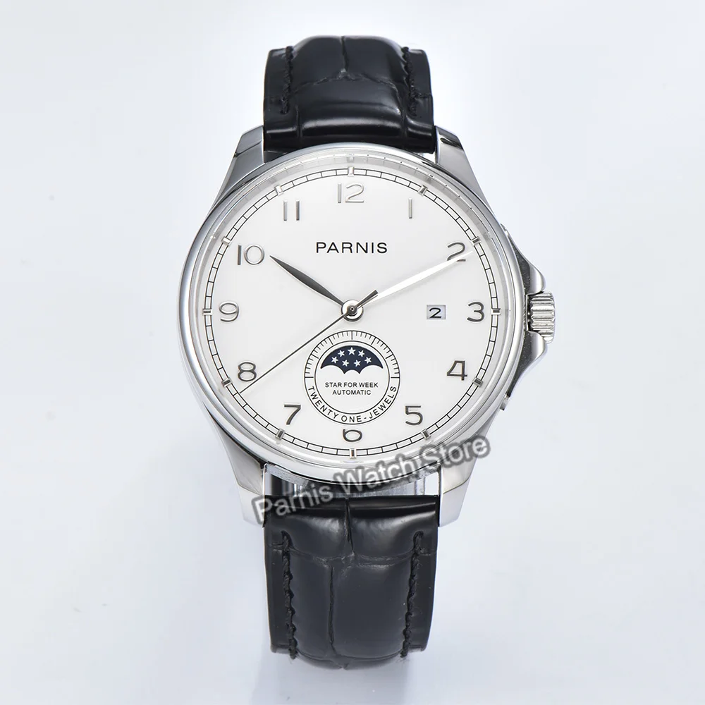 Parnis 42 mm números arábigos reloj automático para hombre cristal de zafiro caja de acero inoxidable correa de caucho