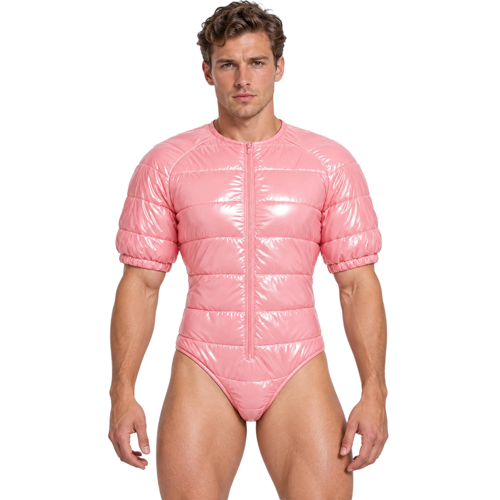 Adult Men Water Resistant Padded Bodysuit Zipper Front Round Neck Short Sleeve Leotard for Outdoor Sports Casual Daily Life