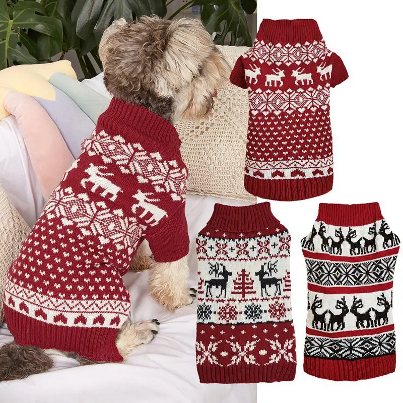 M21 Holiday new pet clothing deer retro pattern heart red Christmas tree collar knit dog sweater