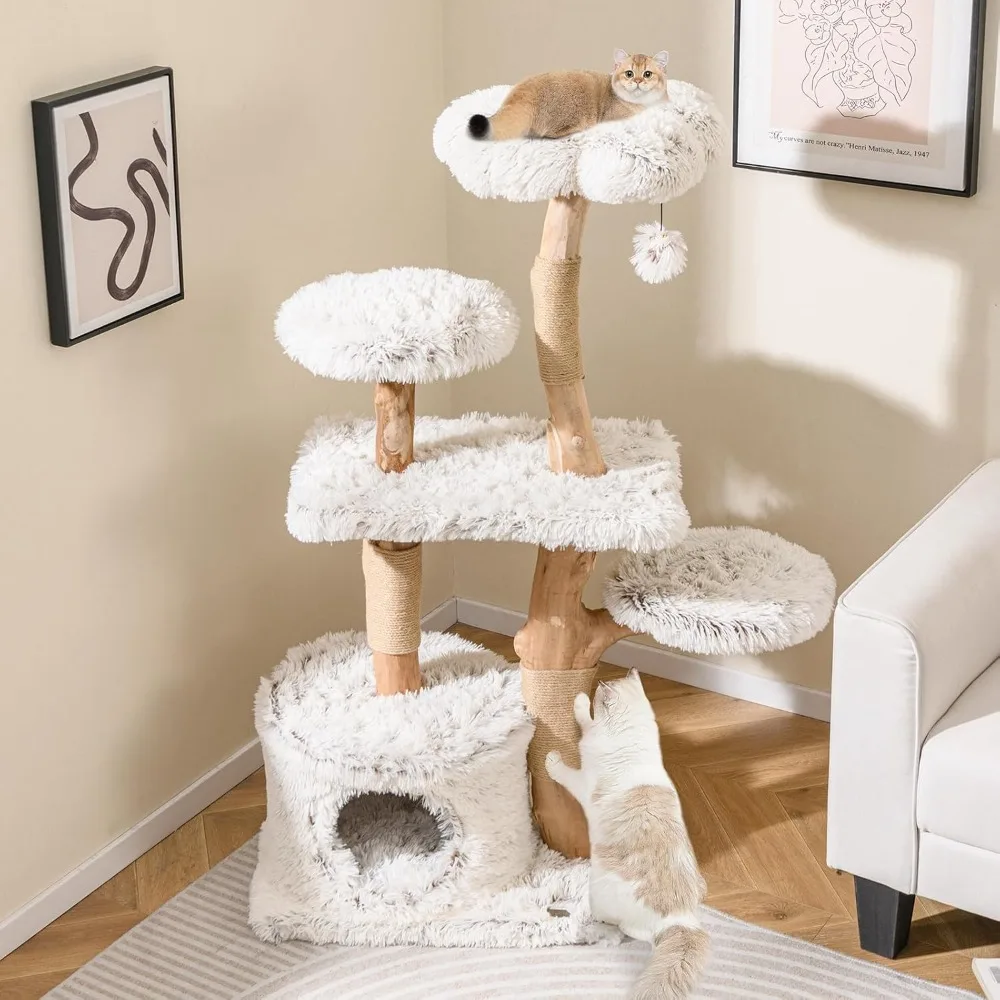 

Modern Cat Tree, 53 Inch Tall Natural Branch Wooden Cat Tower with Jute Scratching Posts, Plush Perch, Condo, Customized