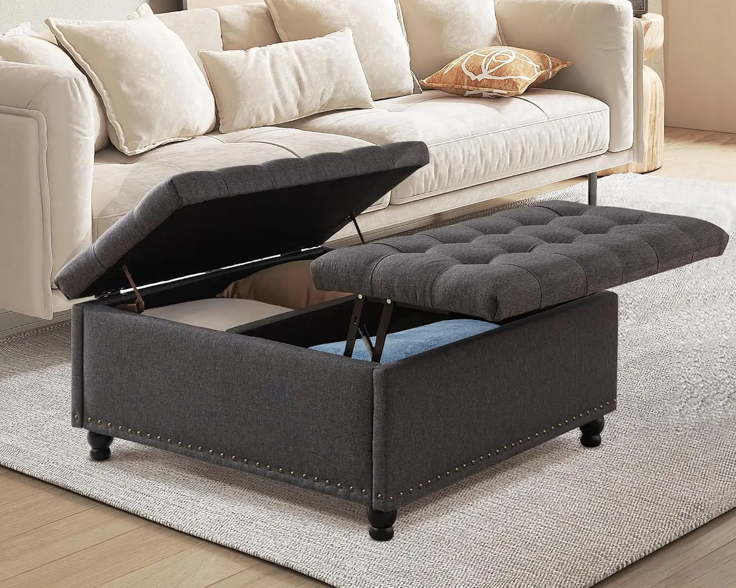 Large Square Storage Ottoman Tufted Upholstered Lift Top Solid Legs Bedroom Living Room Footstool Bench 36