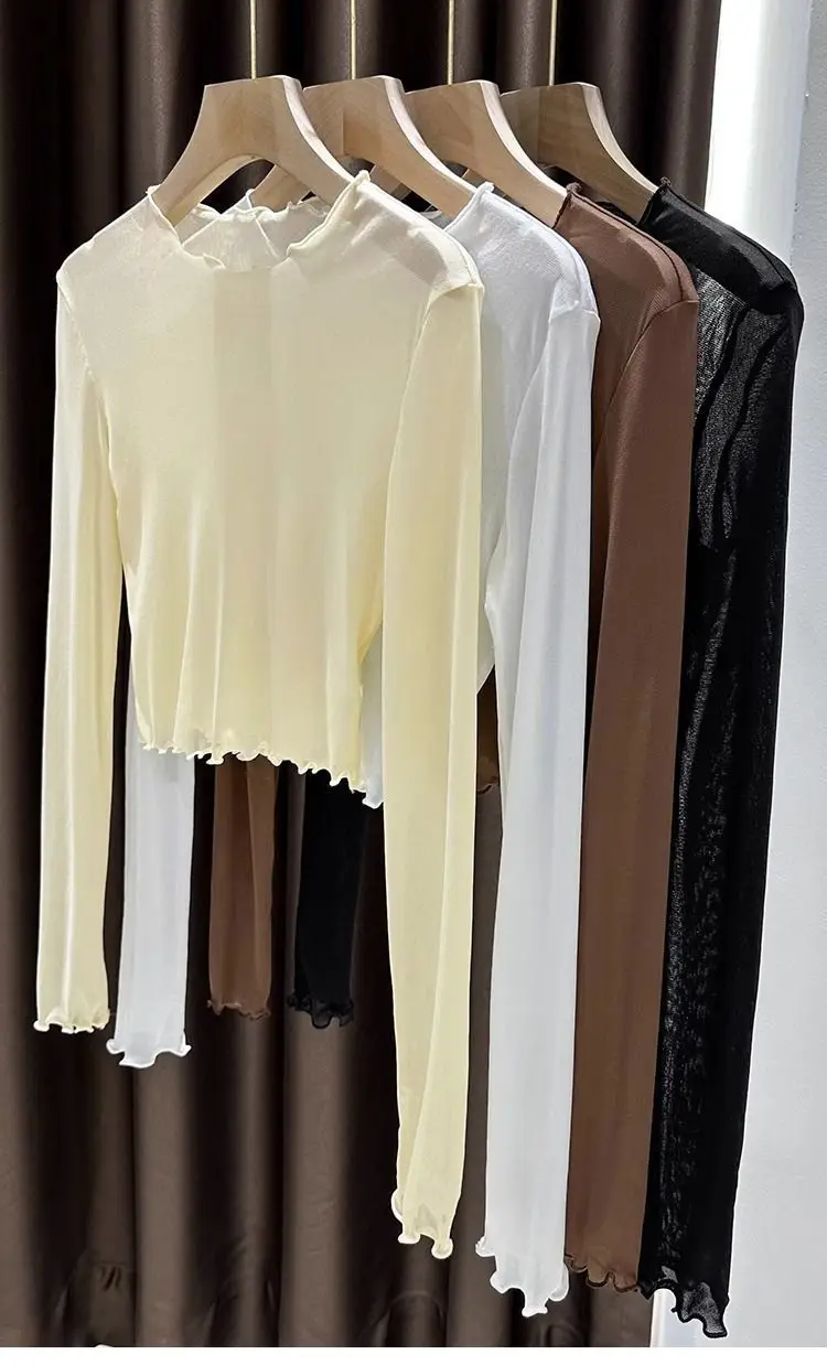Damen-Oberteil aus kurzem, seidigem Mesh-Stoff, dünne, transparente Sommerbluse mit Rüschen und Spitze, lässiges Innenkleidungsstück, geeignet als Unterhemd oder zum Tragen unter einem Kleid, bietet Sonnenschutz, weiches Oberteil. – Detail 4
