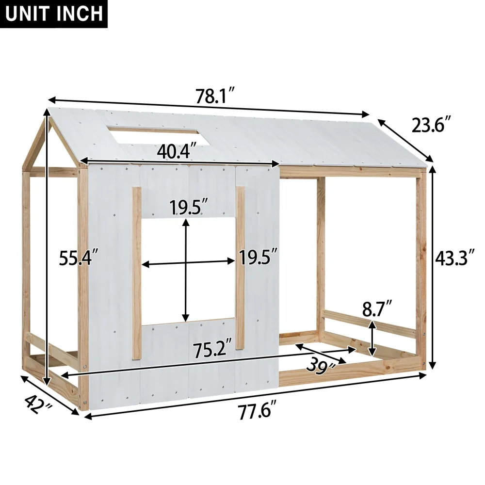 Tempat tidur anak ukuran kembar, Platform rumah dengan atap dan jendela, putih + abu-abu antik tempat tidur anak-anak furnitur tempat tidur kayu US