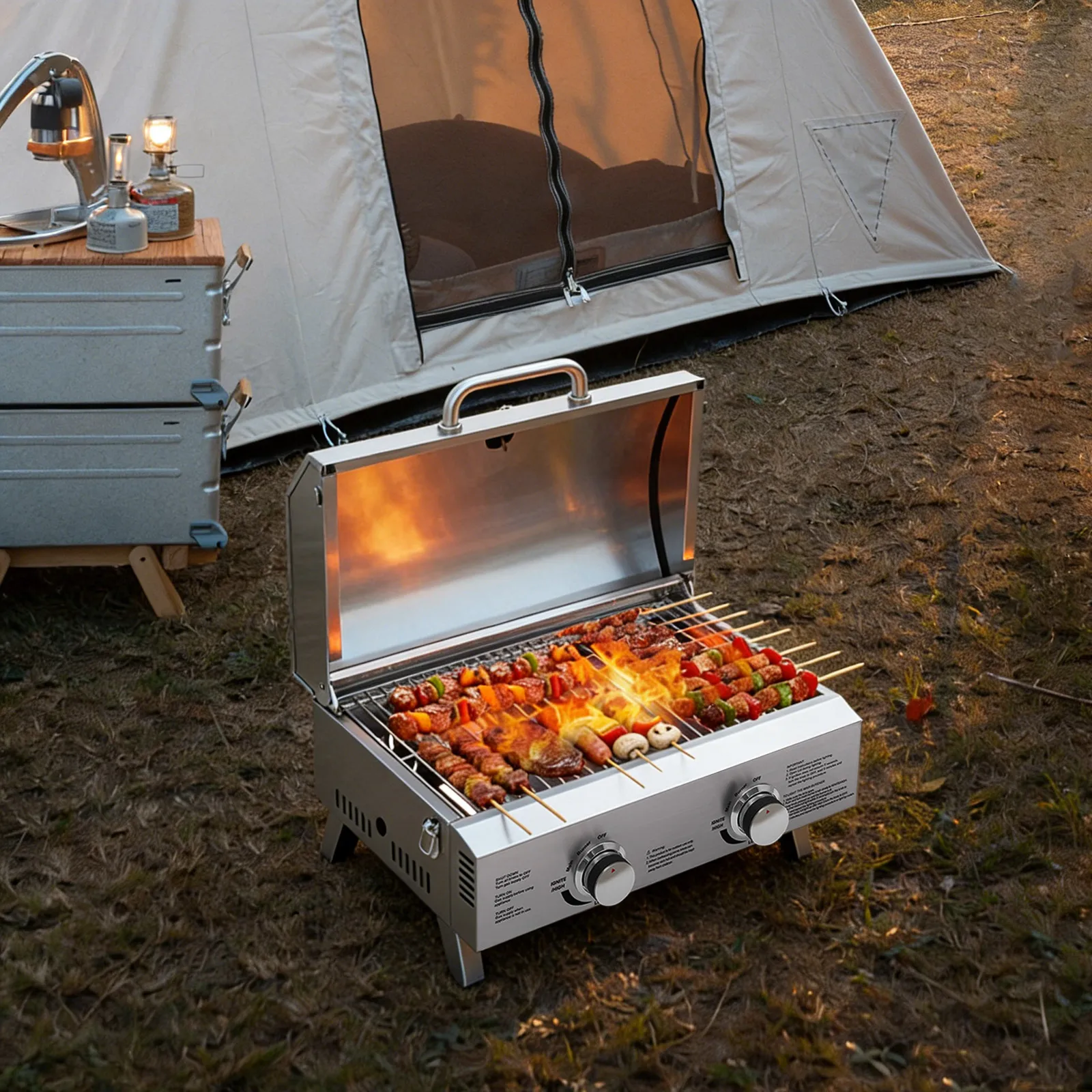 Edelstahl 2-Flammen Tischgasgrill, tragbarer Outdoor-BBQ mit klappbaren Beinen & Pizzastein, kompakter Campinggrill für Garten und Picknick.