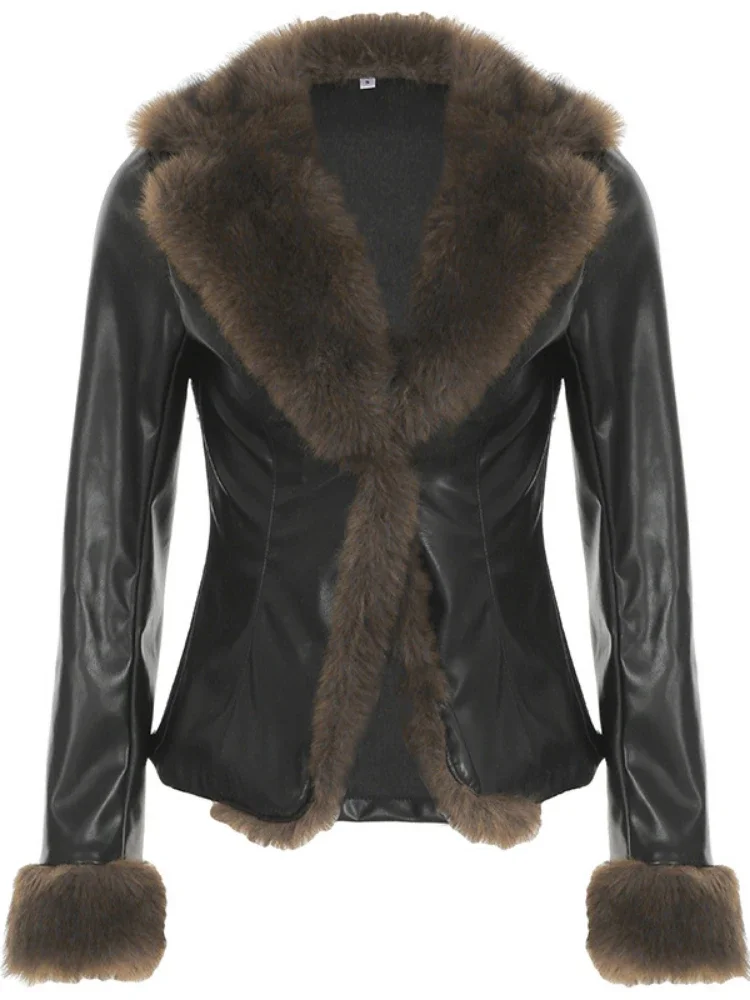 Veste en PU noire esthétique Y2K, manteau vintage à un bouton, streetwear patchwork, coupe couvertes, fourrure grunge, Harajuku, hiver, sexy, 2025