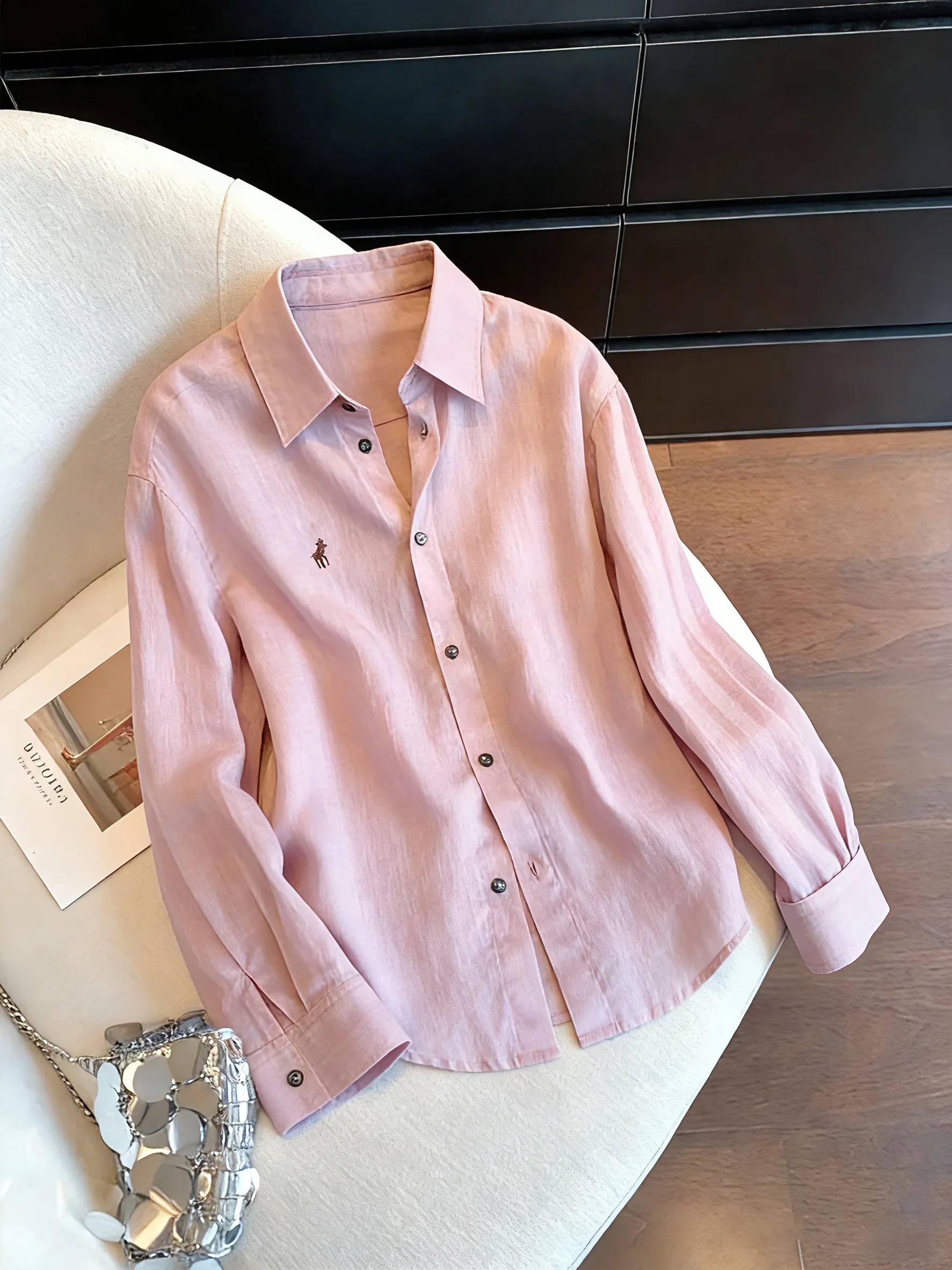 

Милая розовая рубашка свободного кроя с длинными рукавами и тонким воротником, мужская рубашка высокого класса, модная, повседневная, удобная, универсальная, весна-осень