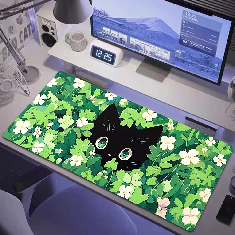 

Large Kawaii Cute Mouse Pad Gamer Black Cat Mousepad Locking Edge Mouse Mat Game Speed Keyboard Pads Rubber Green Plant Desk Rug