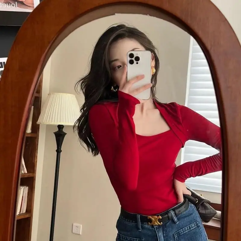 

Nice Autumn Winter Trend Bottoming Shirt Women Clothes Fashionable Patchwork Square Collar Long Sleeve T-Shirts Femme Fashion To