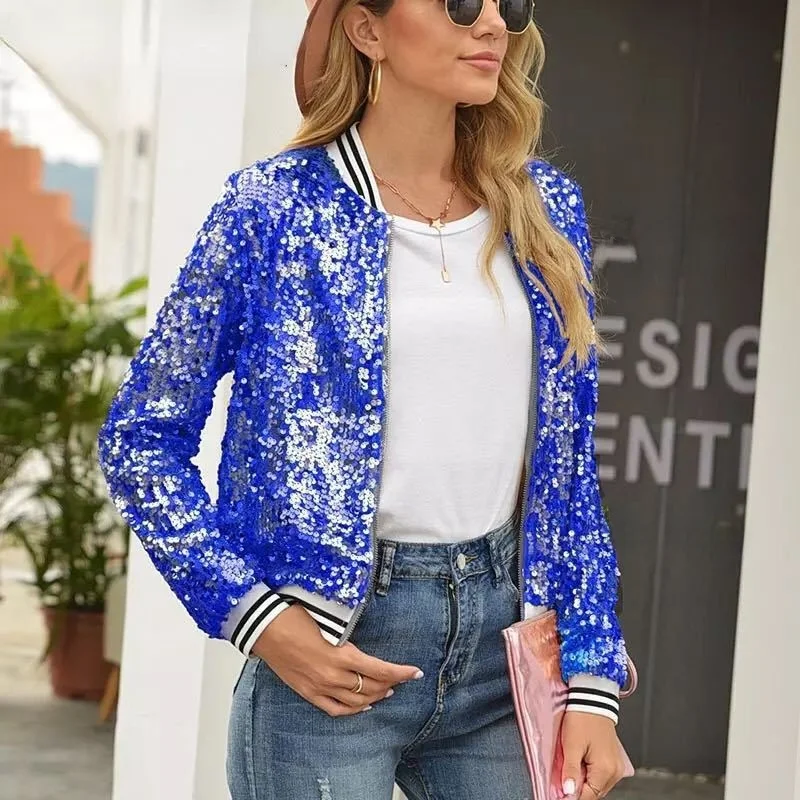 Shiny Sequin Long Sleeve Women's Jacket Zipper Closure Autumn Winter Fashion Outerwear Waist-Cinching Design Cotton Material