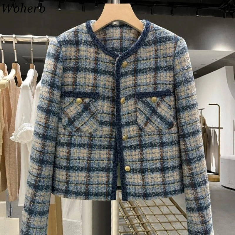 Korean Blue Plaid Jackets for Women Temperament Lady Tops O-neck Long Sleeve Tops Fashion Vintage Short Coats 2025 Ropa Mujer