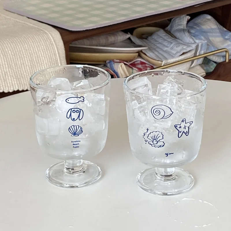New Solid Color Ocean Shell Dog Repair Tall Footed Glass Cups Modern Simple Milk Cups French Dessert Cup Transparent Water Cups