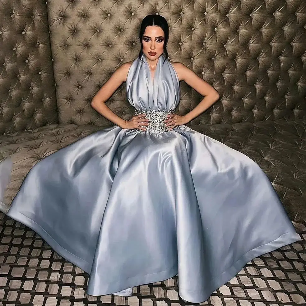 Aileen Halter Neck Backless Diamond Jewelry Satin Blue Wedding Dresses for Formal Occasions Gala Dress 2024 Prom Gown Ball Gowns