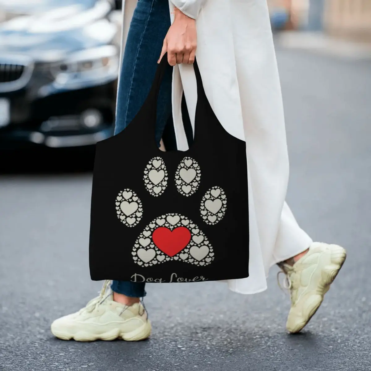 Bolso de mano con estampado de perro, bolsa de hombro de lona portátil con estampado de pata y corazón, ideal para fotografía, regalo