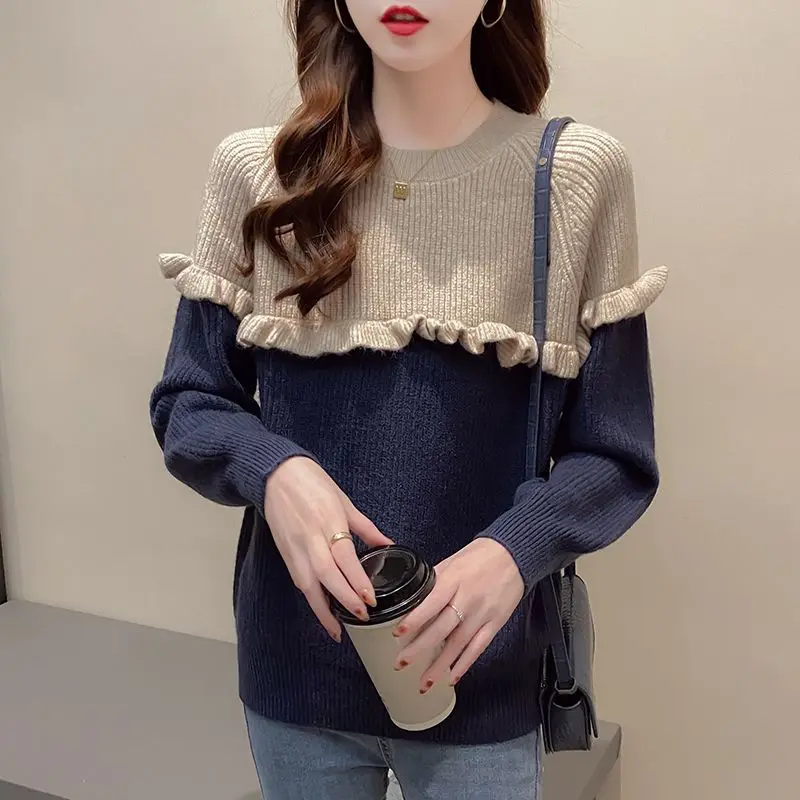 Women\'s Fashion Patchwork Ruffled Round Neck Pullover Sweater 2023 Autumn and Winter New Slim Long Sleeve All Match Knitted Tops