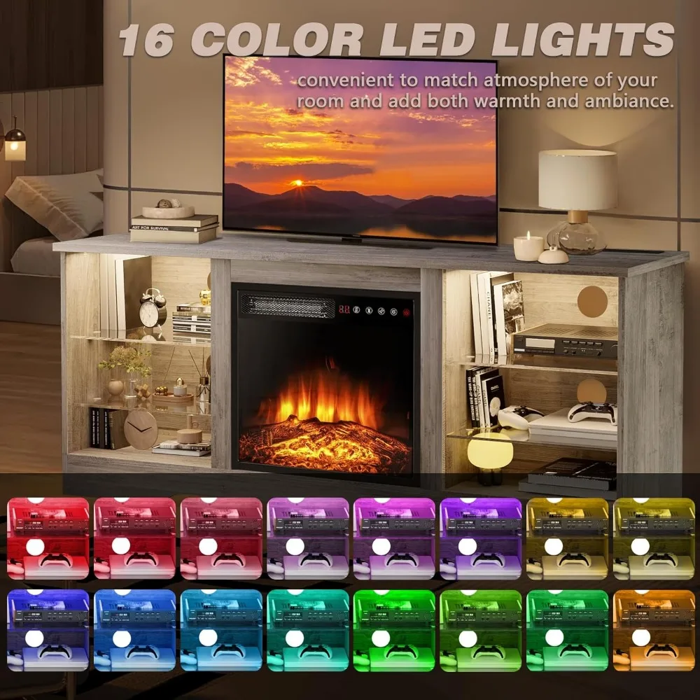 Suporte de TV com lareira de 58 polegadas para TVs de até 65 polegadas Console com lareira elétrica de 18 '' e controle remoto, entretenimento moderno de madeira