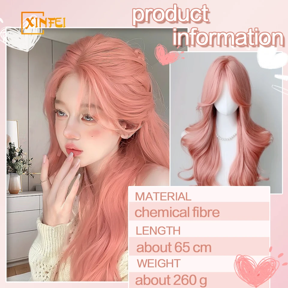 XINFEI-Perruque longue ondulée rose avec frange pour femme, synthétique, Lolita Cosplay, moelleux, cheveux naturels pour 03/Party