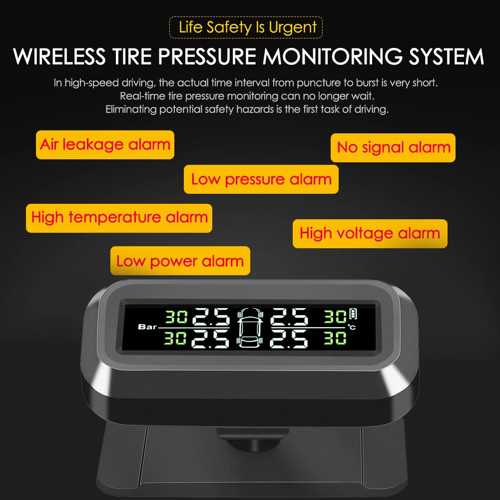 C68 USB+Solar Charging Car TPMS Tire Pressure Monitor Alarm System w/ 4 Sensors