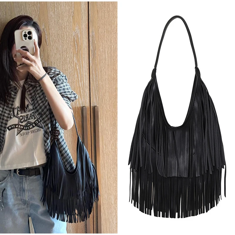 Quaste Große Kapazität Marke Tote Tasche Schwarz Leder Hohe Qualität Luxus Mode Frauen Schulter Tasche Weiche Casual Hobos Achselhöhle Tasche – Detail 12