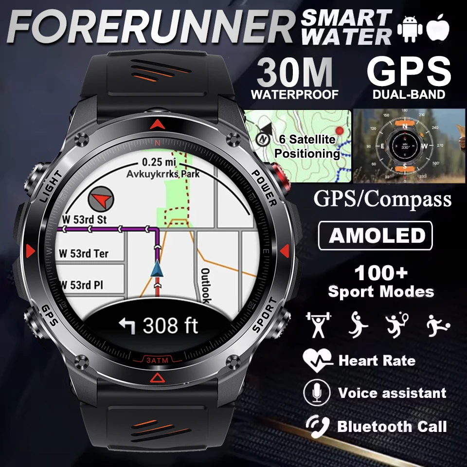 Forerunner Military Grade AGPS Smart Watch 42mm 3ATM Waterproof Dual-band GPS Compass Altimeter AMOLED Swim Sports Smart Watches