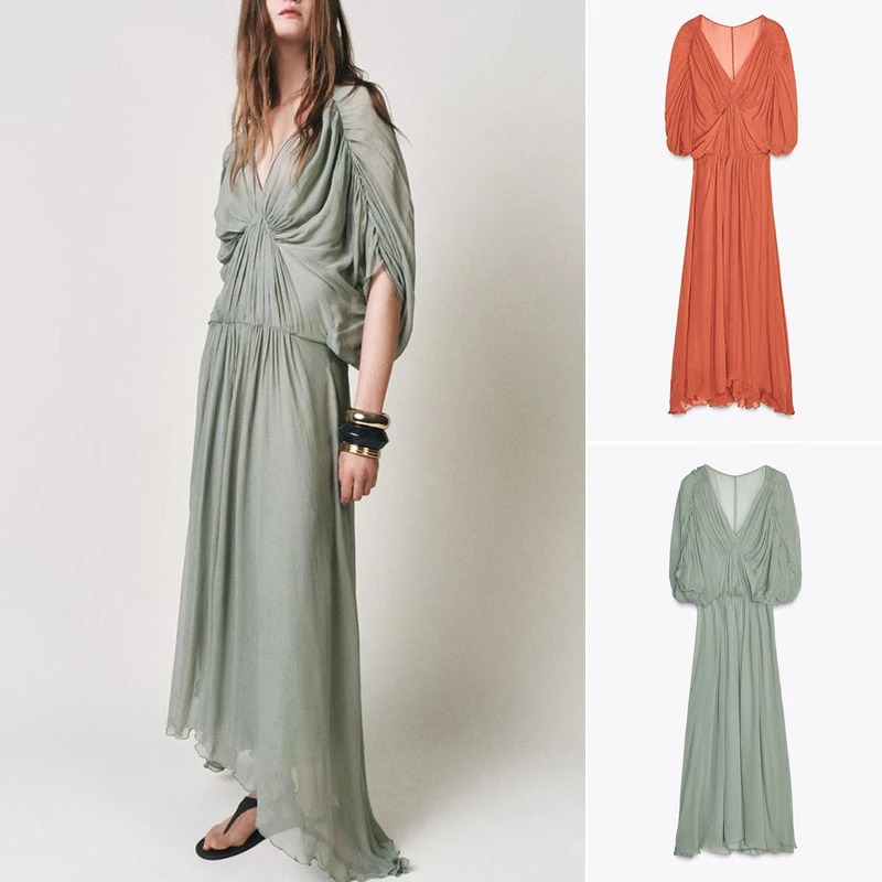 فستان نسائي صيفي بحافة غير متماثلة وياقة على شكل V وأكمام مطوية، فستان طويل بخصر مرتفع وأكمام خفاشية من البوليستر بتصميم A-line #3