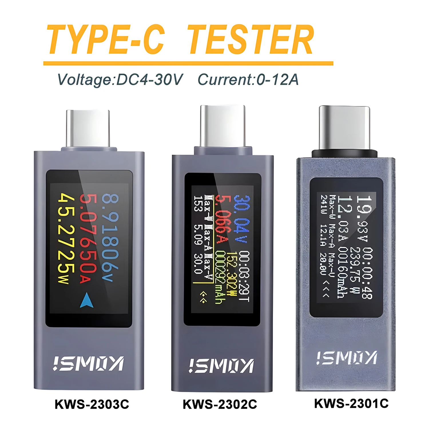 Type-C Tester DC 4-30V 12A Digital Voltmeter Ammeter Voltage Current Detector Phone PC Power Bank PD Charging Capacity Tester