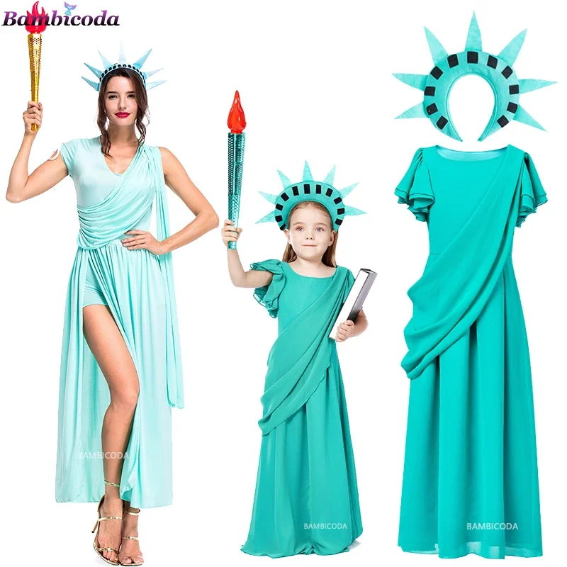 Traje de halloween 2022 crianças adulto senhora meninas estátua da liberdade grego robe cosplay crescido tocha purim carnaval festa fantasia vestido