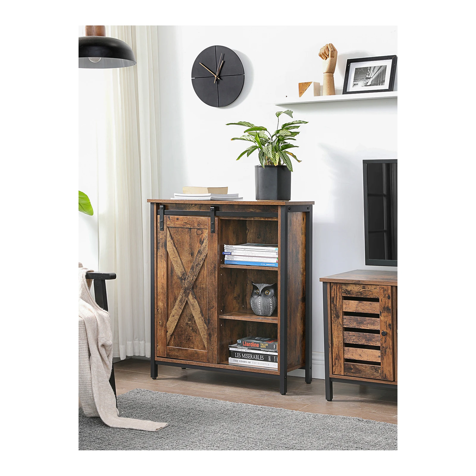 VASAGLE Storage Cabinet, Sideboard, Adjustable Shelves, Sliding Door, Steel Frame, Industrial Style, Rustic Brown/Black