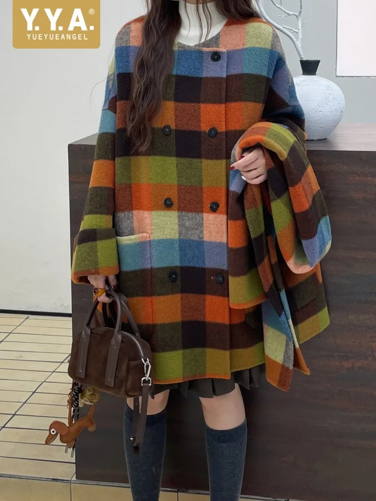 Autumn Winter Women Fashion Woolen Coat Loose Fit Double Breasted Streetwear Female Harajuku Casual Medium Long Plaid Overcoat