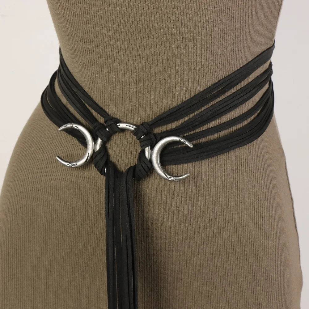 Ladies' Fashion Bohemian PU Waist Belt, Moon Tassel Woven Tie Waist Cincher, Vintage Distressed Waist Rope, Retro Dress Matching
