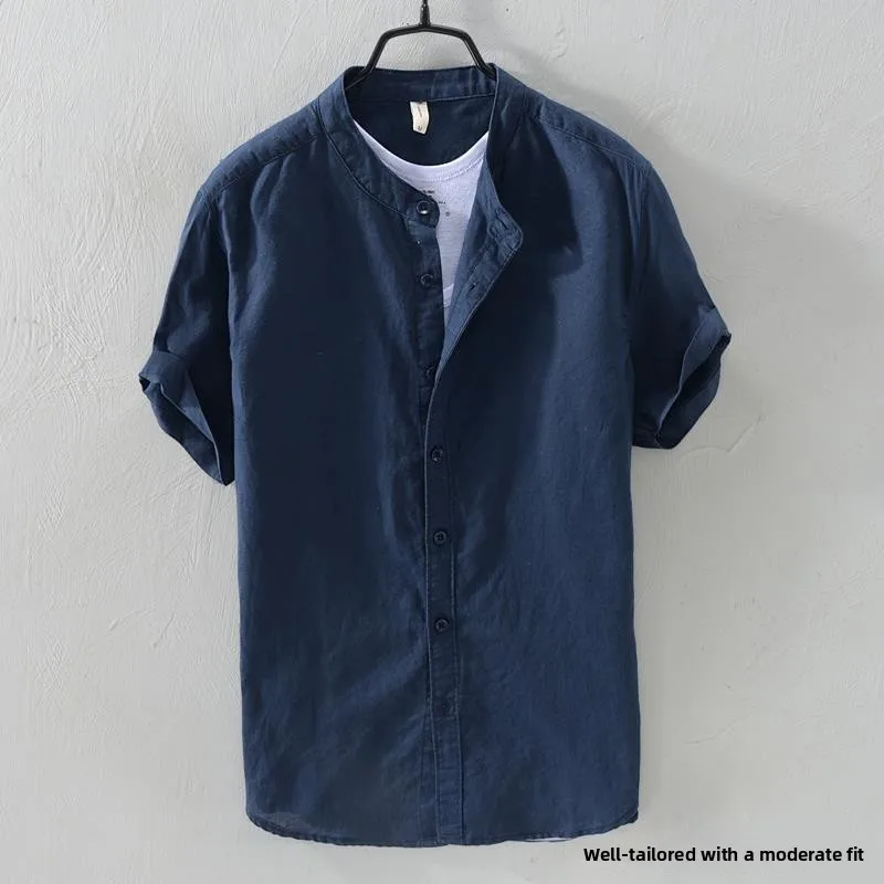 

Loose Fit Linen ort Sve irt Men's Stand Collar Breathable Retro Blue Cotton Linen Casual Versatile Simple Japanese Sle