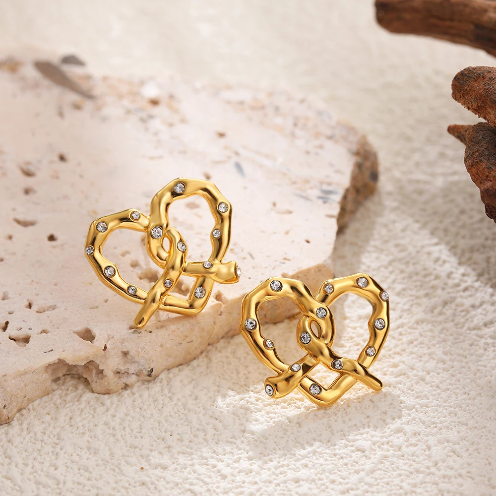 Lovely Knotted Heart Shape Stud Earrings for Women Girls Cute 18K Gold Plated CZ Zirconia Bowknot Tiny Earrings Sweet Jewelry