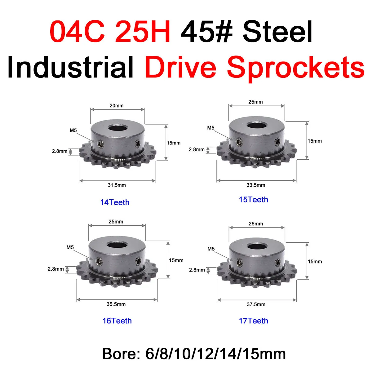 1 pz 04C 25H 14/15/16/17 denti catena ingranaggio industriale pignone ruota alesaggio 6/8/10/12/14/15mm per 25H catena 45 # acciaio