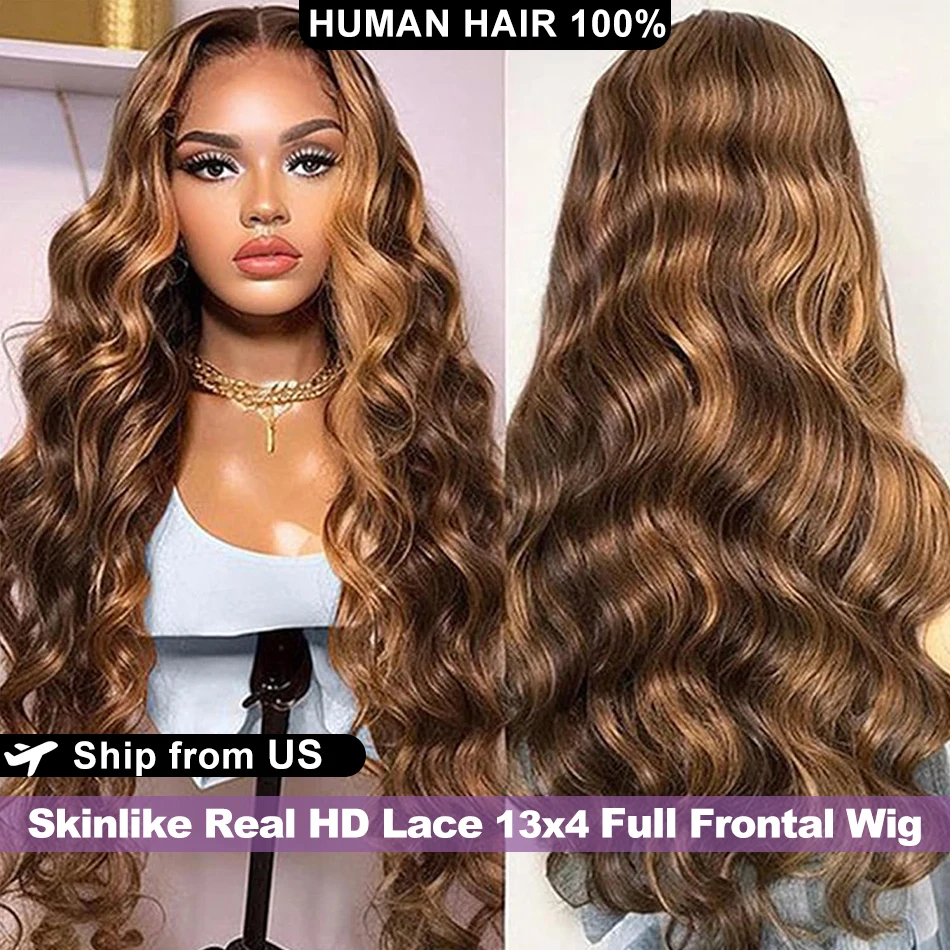 Lemoda SKINLIKE Real HD Lace 13x4 Full Frontal Wig Highlight Ombre Human Hair Wig 4/27 Colored Body Wave 15A Grade Virgin Hair