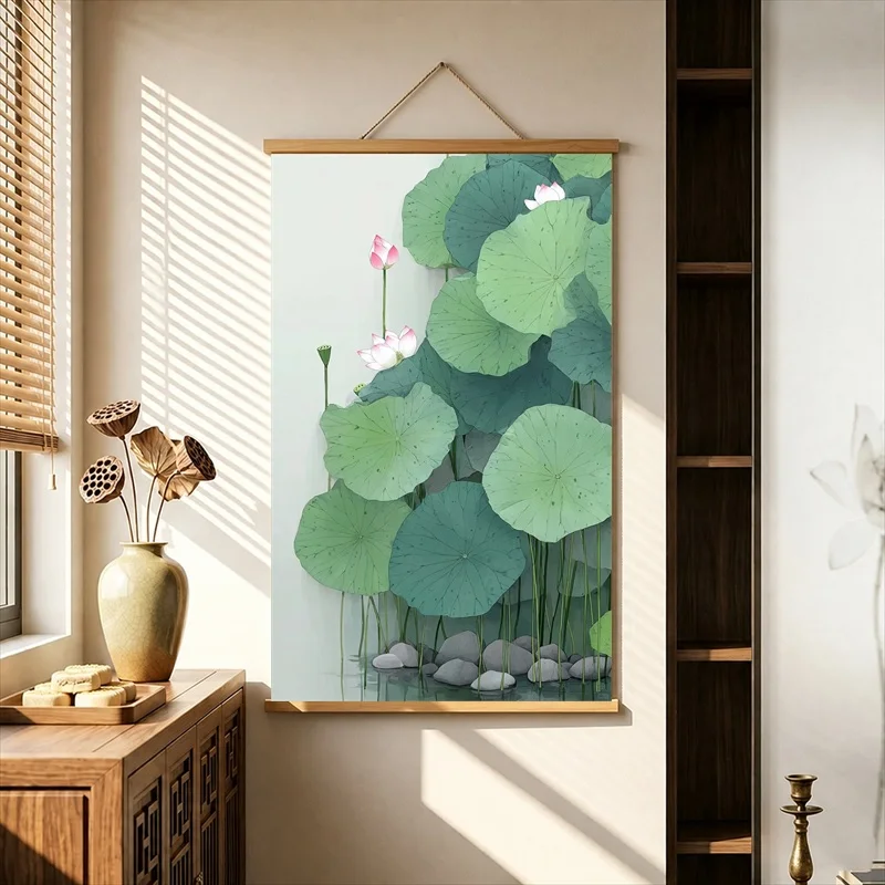 Wall Art Lotus Leaves in Misty Green Water, Zen Minimalism Pearlescent Canvas Hanging Scroll with Wooden Rods for Tea Room Decor