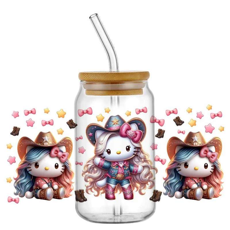 

New Design Pretty Hello Kitty Hot Sale Sanrio UV DTF Decal Wrap For 16oz Libbey Glass Can Cup Coffee Wholesale Car Sticker DIY