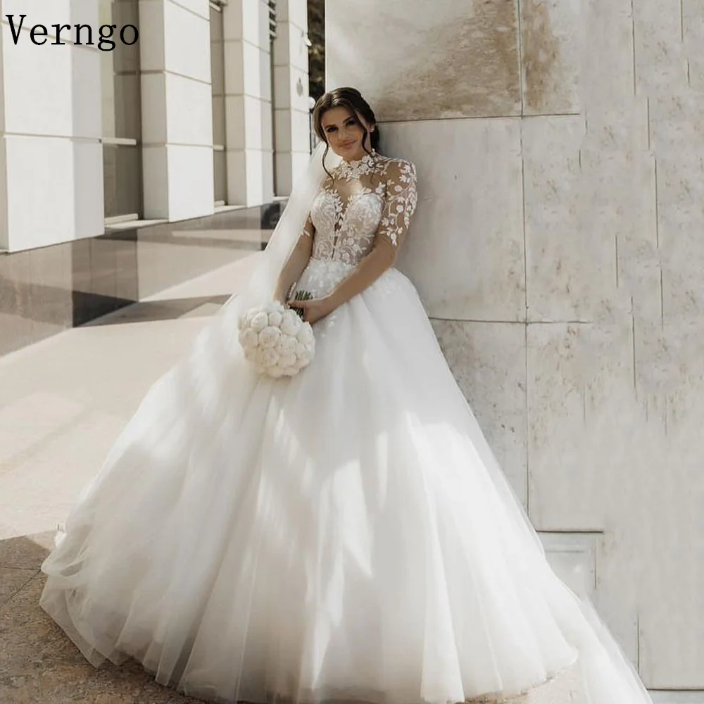 

Verngo lvory Satin Tulle Wedding Dress Appliques Lace High Neck Full Sleeves Bride Gowns Elegant Ball Bridal Dresses Customized