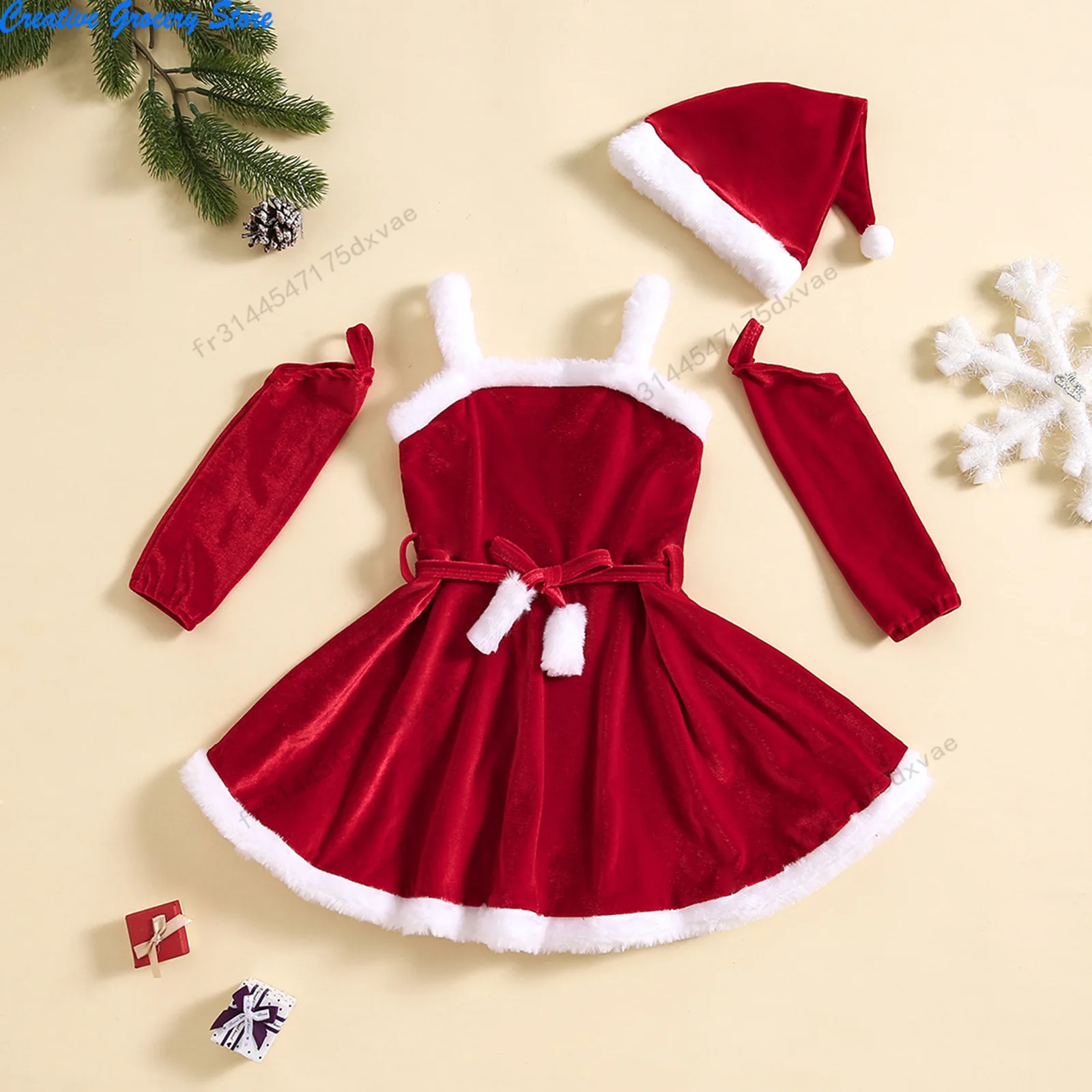 

Girls Christmas Dress Sets Autumn Winter Velvet Suspender Dress+Oversleeve+Hat 3pcs Baby Santa Claus Clothes Festival Costume