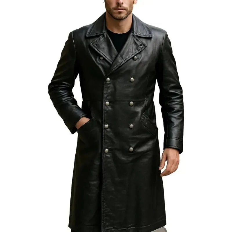 Popular Officer Uniform Classic Black Long Leather Trench Coat Jacket For Men