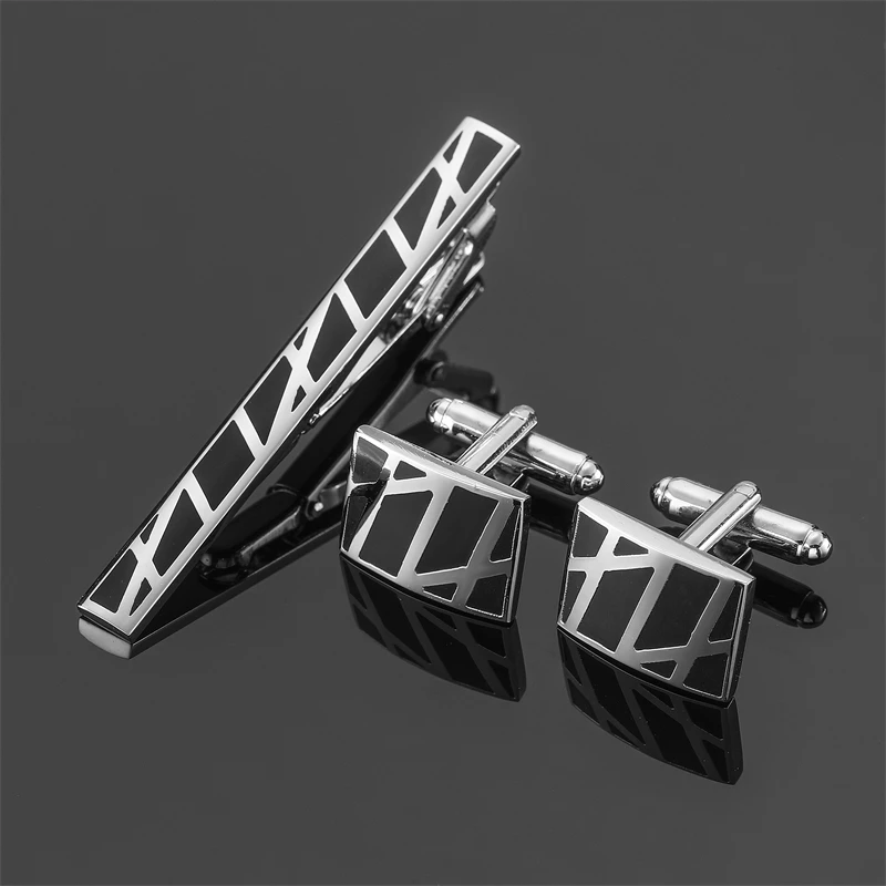 Copper material black enamel diagonal stripe tie clip cufflink box set men's French shirt cufflink business tie clip jewelry