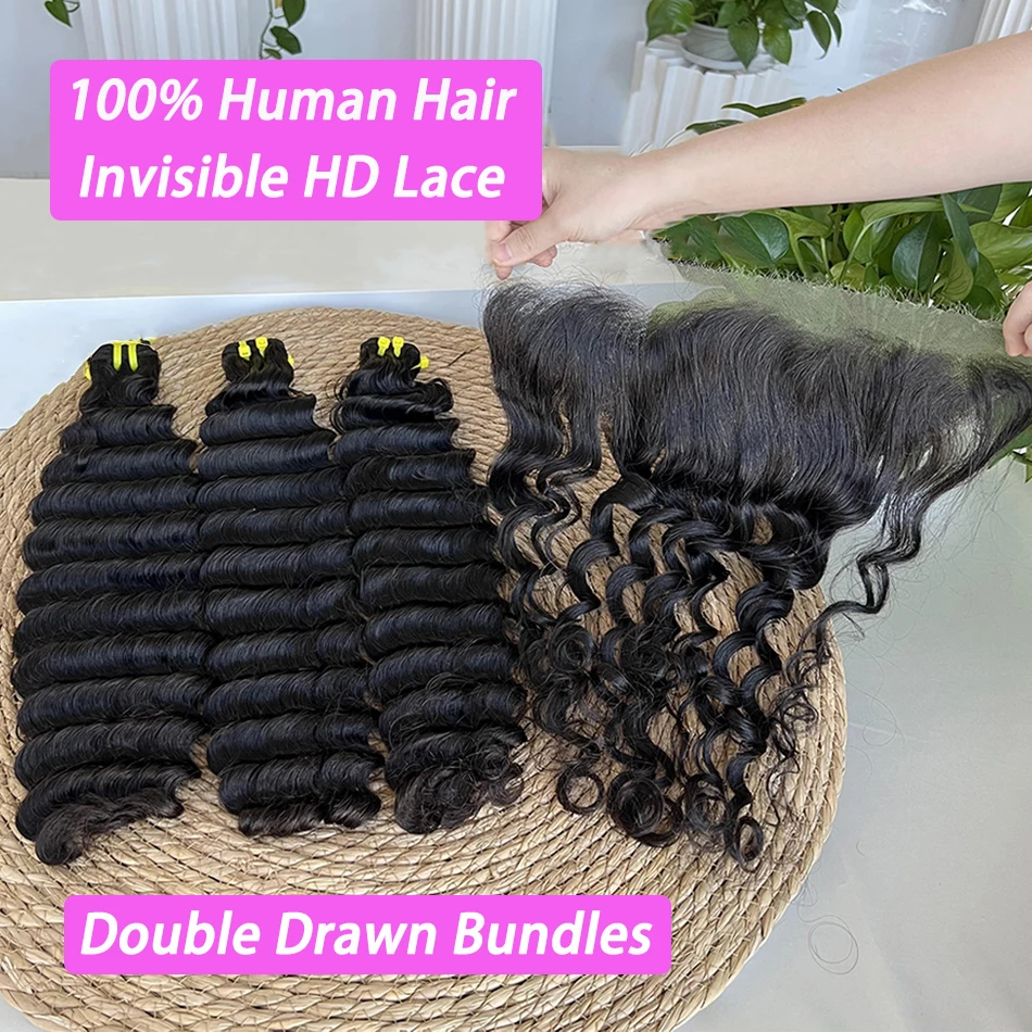 Deep Wave Double Drawn Human Hair Bundles With 13x4 HD Lace Frontal 4x4 5x5 HD Closure Natural Hair Weaving Extensions For Women